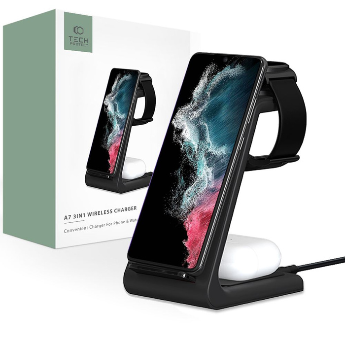 Ładowarka TECH-PROTECT A7 3IN1 WIRELESS CHARGER BLACK Czarna 