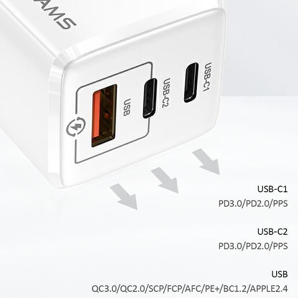 Ładowarka Sieciowa USAMS 2xUSB-C USB-A GaN 65W T33 PD Fast Charging CC110TC02 US-CC110 Biały