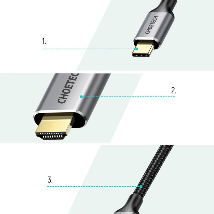 Choetech zestaw przejściówka HUB USB Typ C - HDMI 2.0 (3840 x 2160 @ 60Hz) szary (HUB-H12) + kabel USB Typ C - HDMI (3840 x 2160 @ 60Hz) 2m szary (CH0021) 