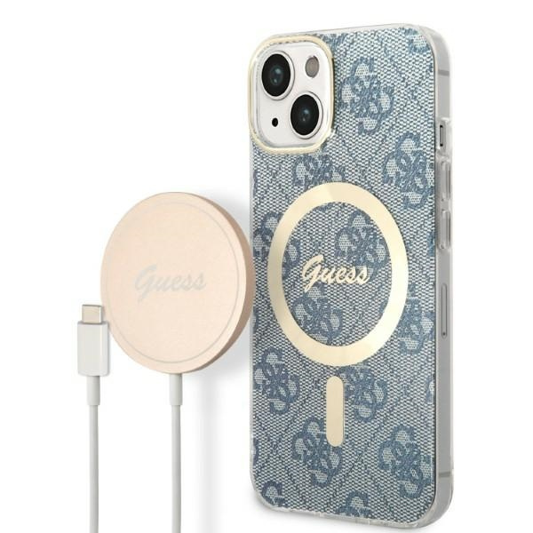 Zestaw Etui Guess Case+ Charger iPhone 14 6,1" niebieski/blue hard case 4G Print MagSafe