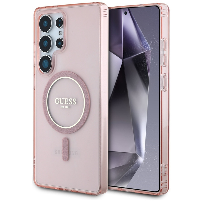Etui Guess Glitter Circle Classic Logo    MagSafe do Samsung Galaxy S25 Ultra różowy