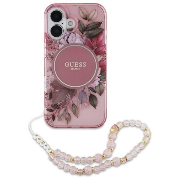 Etui Guess iPhone 16 Plus 6.7" różowy/pink hardcase IML Flowers With Pearl Strap MagSafe