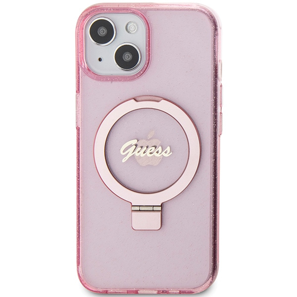 Etui Guess GUHMP15SHRSGSP iPhone 15 6.1" różowy/pink hardcase Ring Stand Script Glitter MagSafe Case