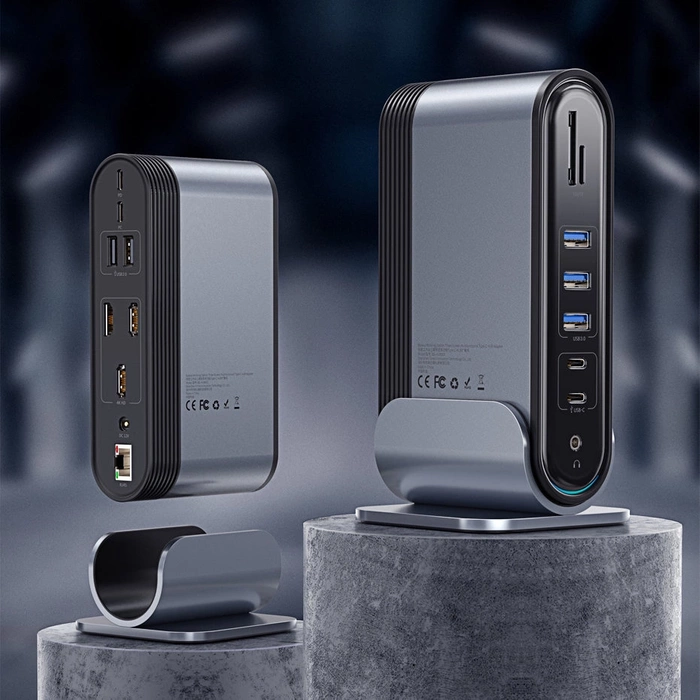 [PO ZWROCIE] HUB Baseus CAHUB-DG0G 3x USB 3.2 Gen 1 / 2x USB-A / 2x USB-C / czytnik kart SD, micro SD / AUX / 3x HDMI / RJ45 PD 100W (wtyczki EU / CN / UK) - szary