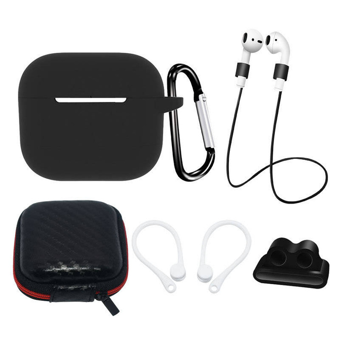 Zestaw silikonowe etui AirPods 3 + futerał / zaczep na ucho / pasek na szyję / uchwyt na pasek zegarka / karabińczyk | czarne