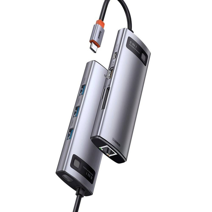 Baseus Metal Gleam 8w1 wielofunkcyjny HUB USB Typ C - USB Typ C Power Delivery 100 W / HDMI 4K 30 Hz / czytnik kart SD i microSD / 3x USB 3.2 Gen 1 / RJ45 1 Gbps Szary (CAHUB-CV0G)