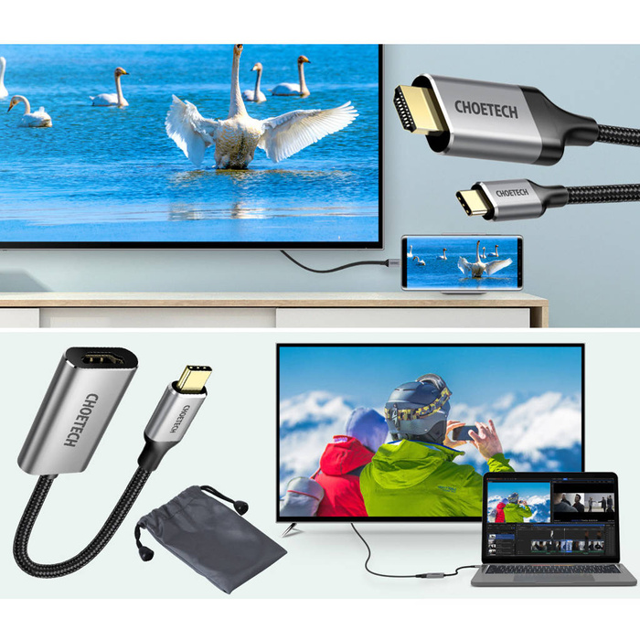 Choetech zestaw przejściówka HUB USB Typ C - HDMI 2.0 (3840 x 2160 @ 60Hz) szary (HUB-H12) + kabel USB Typ C - HDMI (3840 x 2160 @ 60Hz) 2m szary (CH0021) 