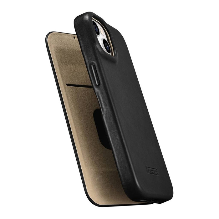 iCarer CE Oil Wax Premium Leather Folio Case skórzane etui iPhone 14 z klapką magnetyczne MagSafe czarny (AKI14220705-BK)