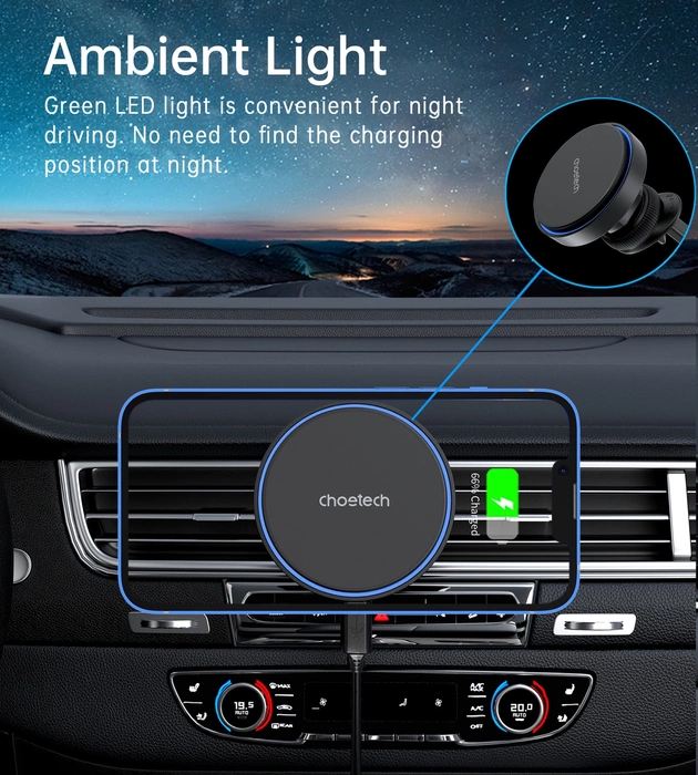 Uchwyt magnetyczny Choetech T205-F z ładowarką indukcyjną 15 W na kratkę nawiewu - czarny