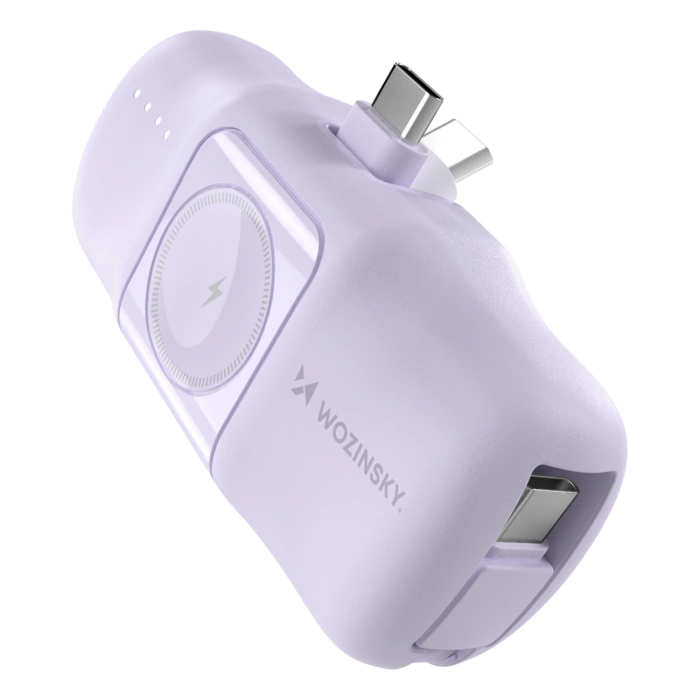 Powerbank Mini Wozinsky WF16-YCS 5000mAh 15W USB-C z wbudowanym kablem USB-C i ładowarką do Apple Watch - fioletowy