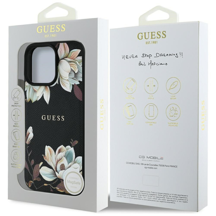 Etui Guess Grained Printed Flower         Pattern MagSafe do iPhone 16 Pro czarny