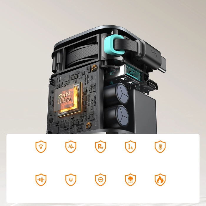 Ładowarka GaN Joyroom JR-TCL02 65W USB-A USB-C z wbudowanym kablem USB-C Czarna