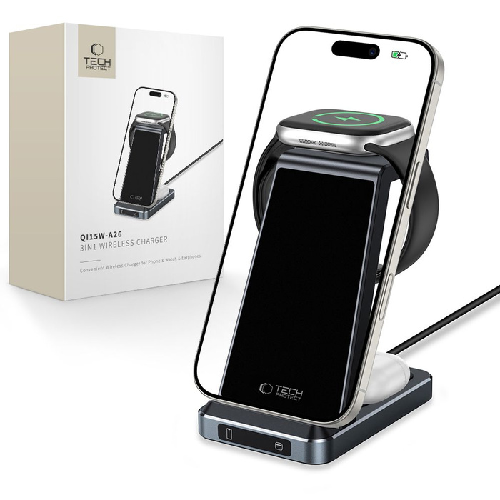 ŁADOWARKA TECH-PROTECT QI15W-A26 3IN1 WIRELESS CHARGER BLACK