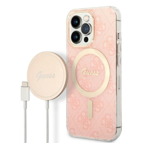 Zestaw Etui Guess Case+ Charger iPhone 13 Pro różowy/pink hard case 4G Print MagSafe