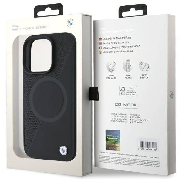 Etui BMW iPhone 16 Pro Max czarny/black hardcase Sign Leather Half Textured And Circle MagSafe