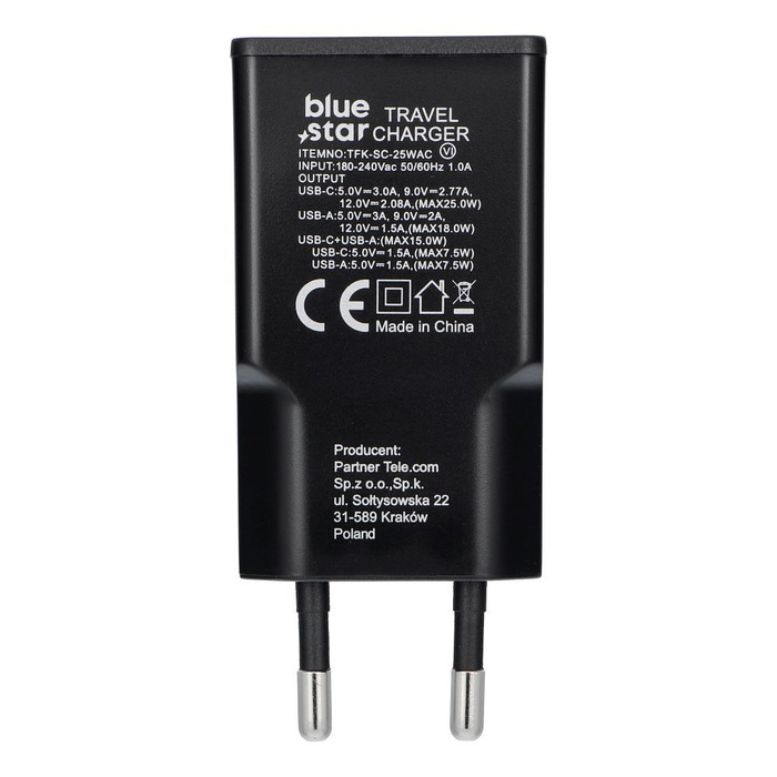 Ładowarka sieciowa do telefonu Blue Star Slim GaN USB C + USB A QC4.0 PD 3A 25W TFK-SC-25WAC czarna