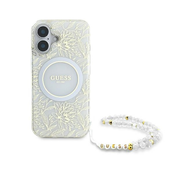 Etui Guess iPhone 16 Plus 6.7" biały/white hardcase IML Flowers Allover Electro With Pearl Strap MagSafe