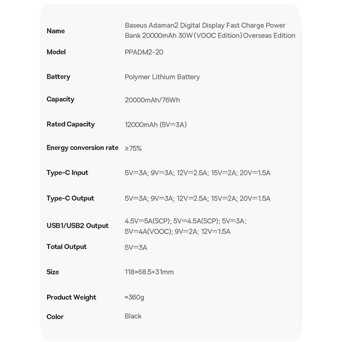 Baseus Adaman2 powerbank z wyświetlaczem cyfrowym 20000mAh 30W 2 x USB / 1x USB Typ C Power Delivery Quick Charge SCP, Oppo Super VOOC czarny (PPAD050101)