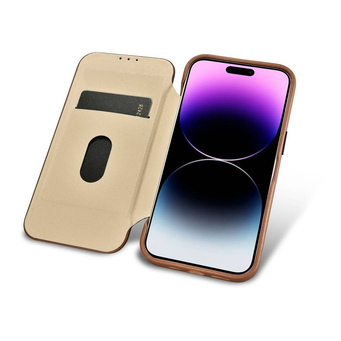 iCarer CE Premium Leather Folio Case skórzane etui iPhone 14 Pro Max z klapką magnetyczne MagSafe brązowy (WMI14220716-BN)