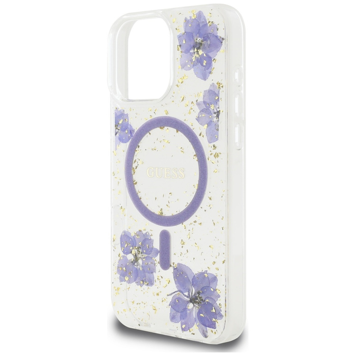 Etui Guess Resin Flowers MagSafe do      iPhone 16 Pro fioletowy