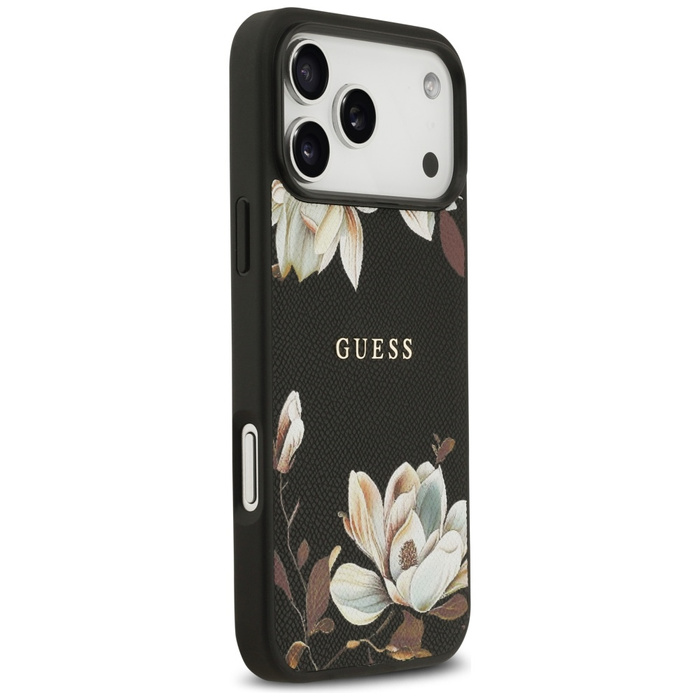 Etui Guess Grained Flowers Classic Logo  MagSafe do iPhone 17 Pro Max czarny