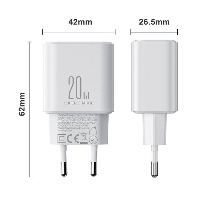 Szybka dwuportowa ładowarka sieciowa 20W USB-C / USB-A Joyroom JR-TCF05 - biała + kabel USB-C - Lightning 1m