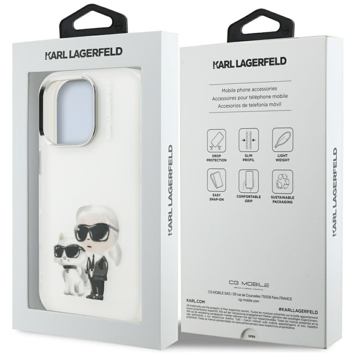 Etui Karl Lagerfeld IML Aquarelle Karl   & Choupette & Logo do iPhone 16 Pro Max biały