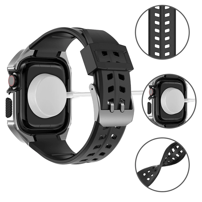 [PO ZWROCIE] Kingxbar CYF136 2w1 pancerne etui Apple Watch SE, 6, 5, 4 (44 mm) ze stali nierdzewnej z paskiem srebrne