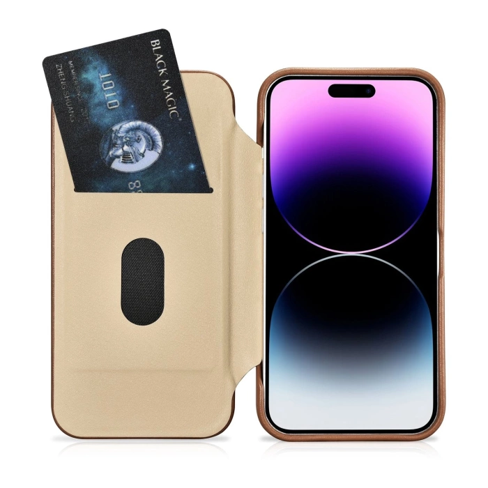 iCarer CE Premium Leather Folio Case skórzane etui iPhone 14 Pro z klapką magnetyczne MagSafe brązowy (WMI14220714-BN)