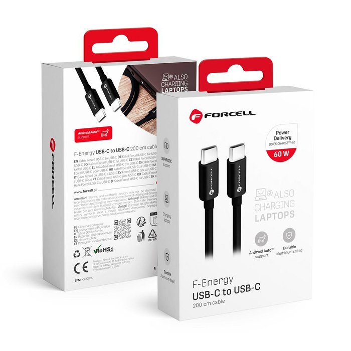 FORCELL F-ENERGY C338 kabel Typ C do Typ C PD QC4.0 3A 60W 2 m czarny