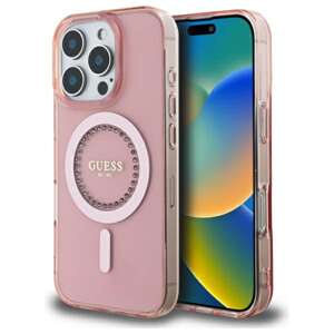 Etui Guess iPhone 16 Pro 6.3" różowy/pink hardcase IML Rhinestones MagSafe