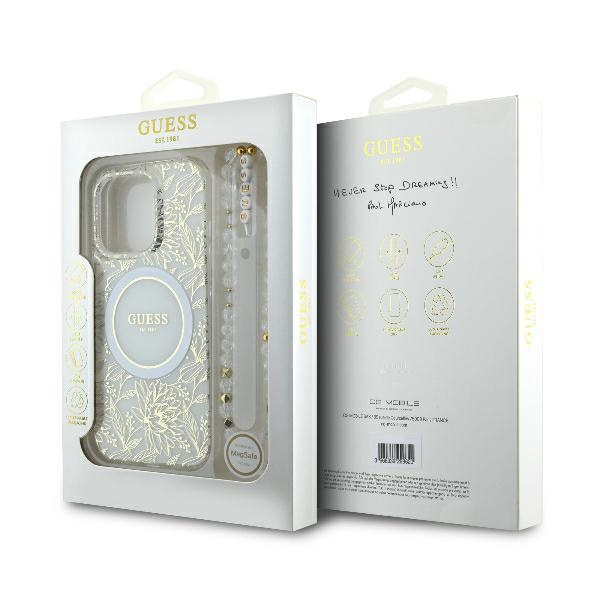 Etui Guess iPhone 16 Pro Max 6.9" biały/white hardcase IML Flowers Allover Electro With Pearl Strap MagSafe