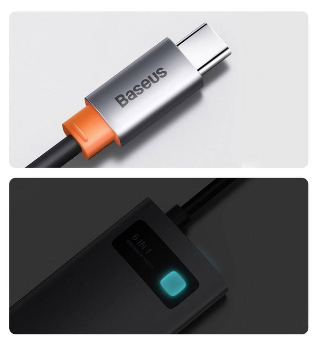 Baseus Metal Gleam 6w1 wielofunkcyjny hub USB Typ C - USB Typ C Power Delivery 100 W / HDMI 4K 30 Hz / 3x USB 3.2 Gen 1 / RJ45 1 Gbps Szary (CAHUB-CW0G)