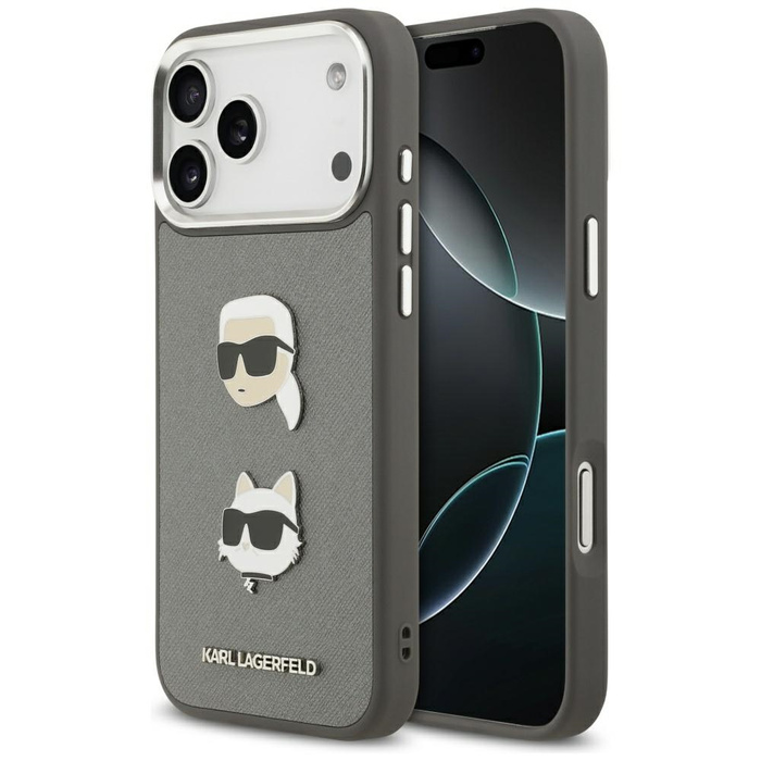 Etui Karl Lagerfeld FW Grained Karl &    Choupette Heads Pins & Logo do iPhone 17 Pro Max szary