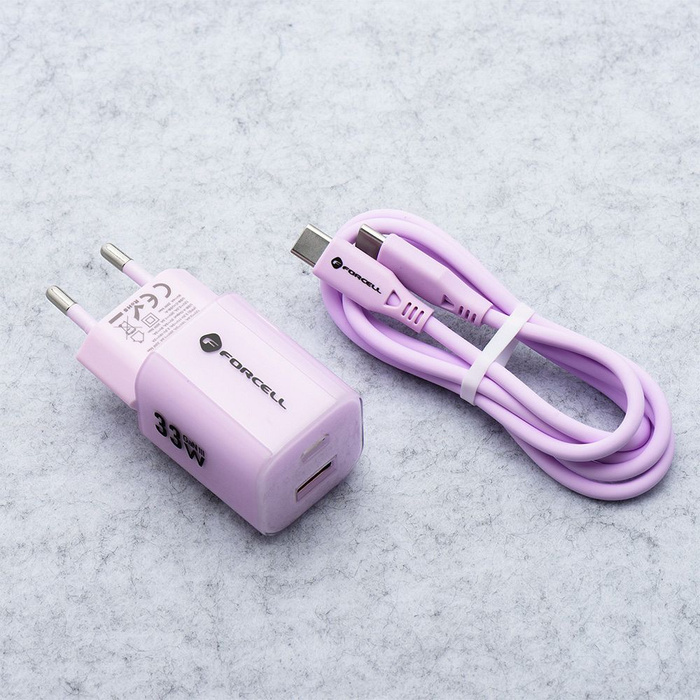 Ładowarka sieciowa do telefonu Forcell F-Energy GaN III Crystal Color USB C + USB A QC4.0 PD 33W + kabel USB C do USB C VT-41 fioletowa 0INT