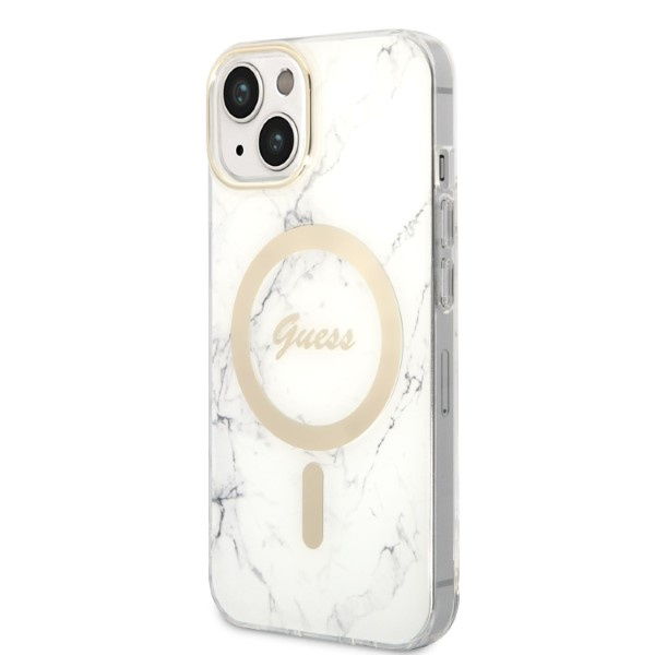 Zestaw Etui Guess Case+ Charger iPhone 14 Plus 6,7" biały/white hard case Marble MagSafe