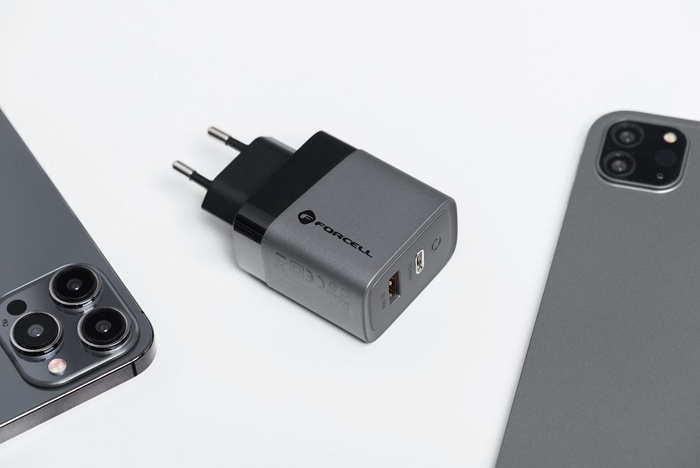 Ładowarka sieciowa do telefonu Forcell F-Energy GaN USB C + USB A QC4.0 PD 4A 45W VT-39 szara