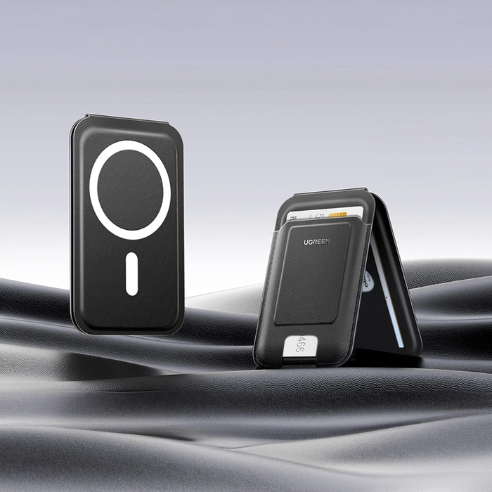 Portfel magnetyczny z funkcją podstawki do iPhone MagSafe, Ugreen LP836, skórzany (czarny)