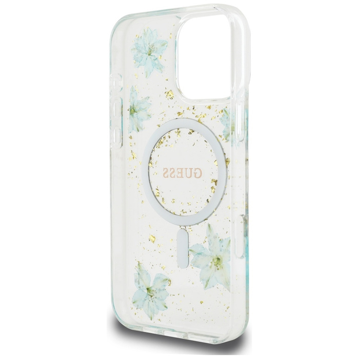 Etui Guess Resin Flowers Glitter MagSafe do iPhone 16 Pro turkusowy
