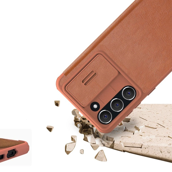 Nillkin Qin Leather Pro Case etui Samsung Galaxy S23 pokrowiec z klapką osłona na aparat brązowe