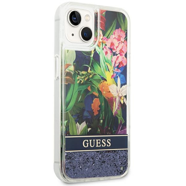 Etui GUESS Apple iPhone 14 Flower Liquid Glitter Niebieski Hardcase