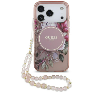 Etui Guess IML Flowers Pearl Strap MagSafe do iPhone 17 Pro różowy